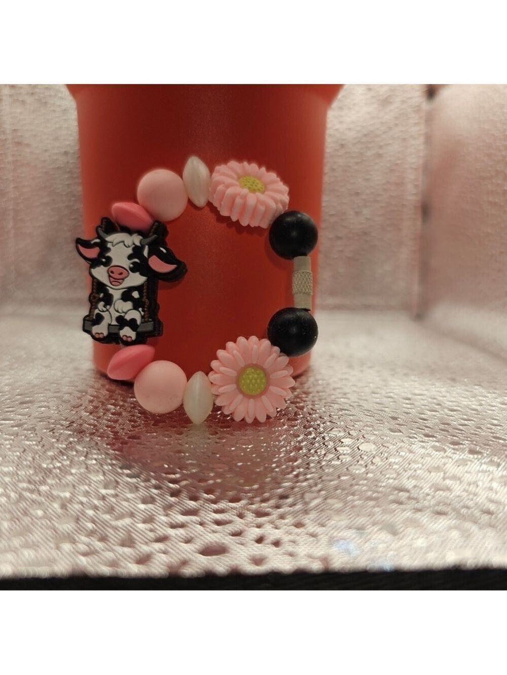Silicone Tumbler Charms Moo Cow With Pink Flowers, White & Black Beads
